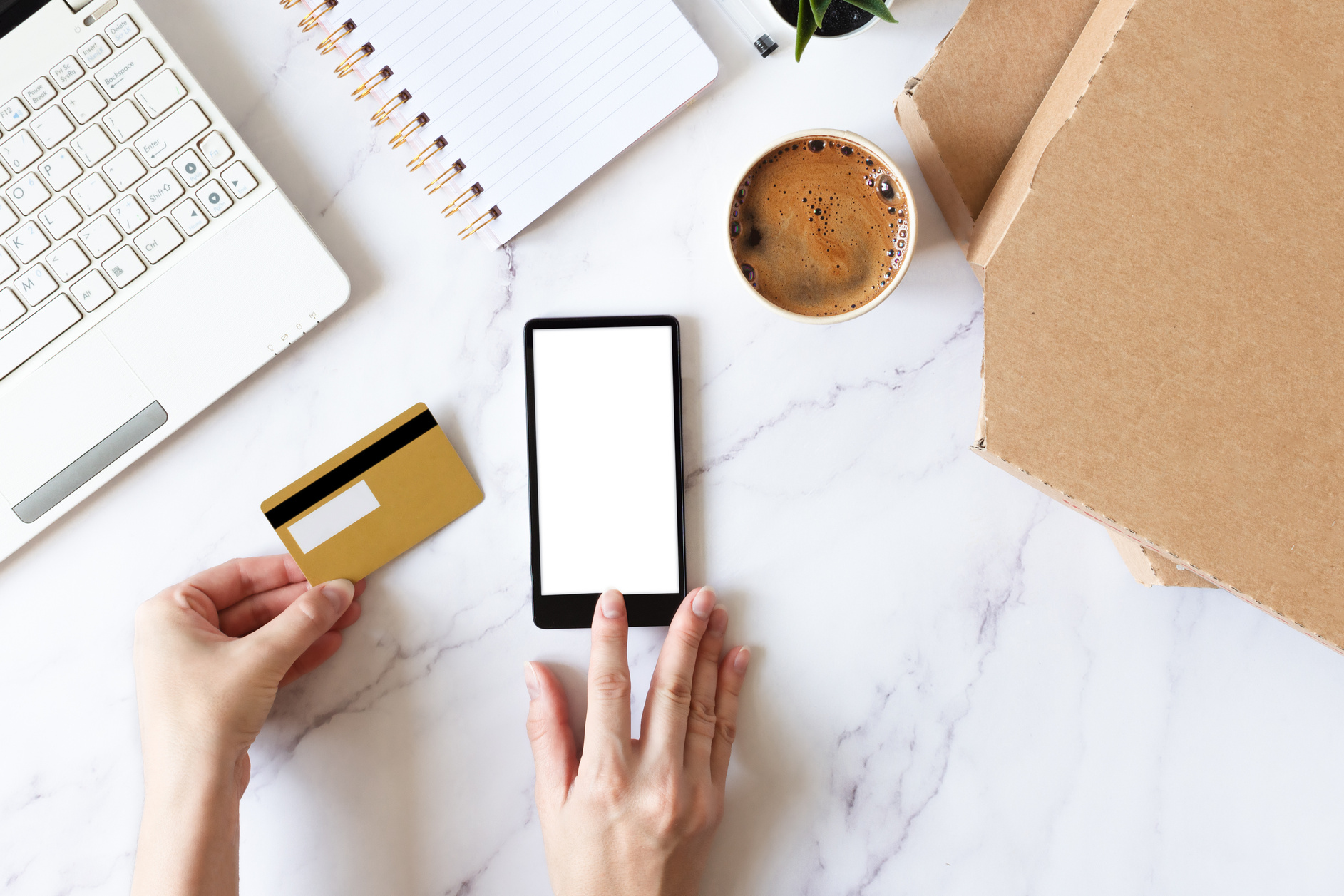 Woman hands holding credit card and ordering pizza online. Online pizza ordering.